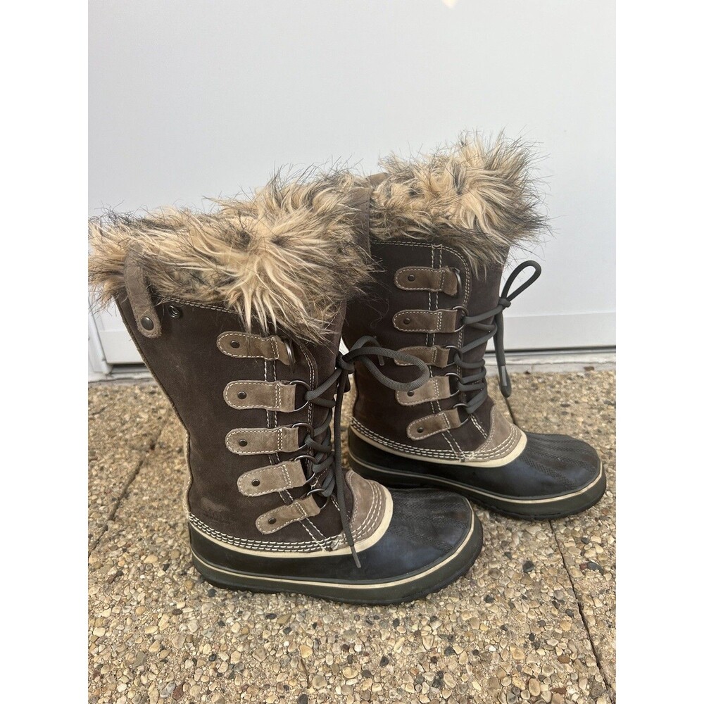 Sorel Joan of Arctic Brown Lace Up Waterproof Snow Boots Women 7 Winter Faux Fur